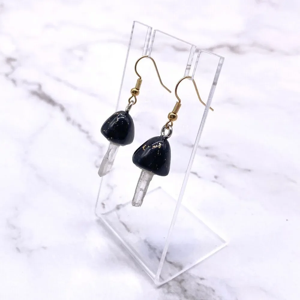 Black Mushroom Quartz Crystal Dangle wire hook polymer Clay Earrings
